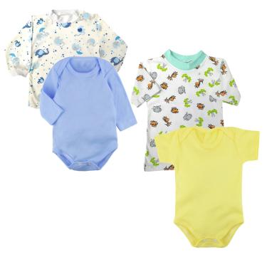 Imagem de Infantil - Kit 4 Peças Body Camiseta Curta e Longa Várias Estampas Azul  unissex