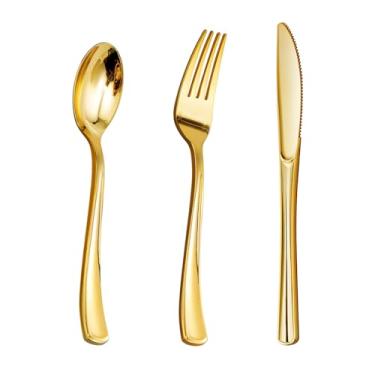 Imagem de Goodluck 150 peças de talheres de plástico dourado, utensílios de ouro descartáveis, conjunto de talheres de plástico com 50 garfos, 50 colheres, 50 facas para casamento, festa, aniversário, feriados