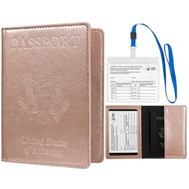 Imagem de Cynure Capa de couro para passaporte de viagem masculina e feminina, cordão 10 x 7 à prova d'água com porta-cartão de vacina CDC Combo, Ouro rosa