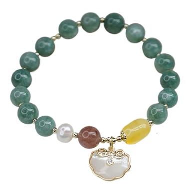 Imagem de Pulseira de riqueza Feng Shui Concha natural com trava de longa vida Pulseira de jade com contas Chakra Pulseira de cristal de cura Amuleto de jade verde para prosperidade longevidade Boa sorte Dinhei