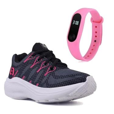 Imagem de Tenis Infantil De Amarrar Meninas Leve Desenhos LIGHT + Relogio Cor:Preto;Tamanho:27