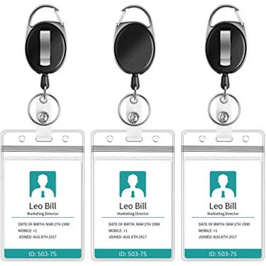 Imagem de Puroma Retrátil crachá Carabiner carretel com Revendedor Vertical Impermeável Cartão de Identificação Suportes e Chaveiro para Cartão Chaveiro Porta-crachá, Black Retractable Badge Reel & Transparent Name Tag Holders