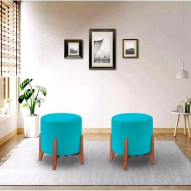 Imagem de kit 2 Banqueta Puff Thor Luxo Madeira Maciça - ME ecommerce, azul turq