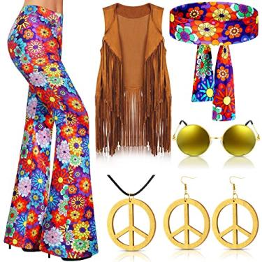 Imagem de Haull Conjunto de 7 peças de roupas femininas hippie discoteca dos anos 60, 70, conjunto de fantasia de Halloween, calça rodada, colete com franja, sinal de paz, Multicor, XX-Large