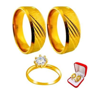 Imagem de Par Alianças 6mm Ouro 18k Riscos Anatomica Tradicional + Anel Solitári