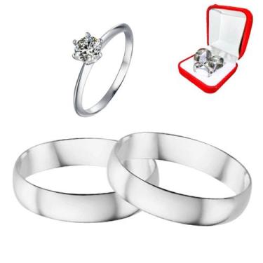 Imagem de Par Alianças 8mm Prata Namoro + Anel Solitário Prata 2mm Com Pedra Bra