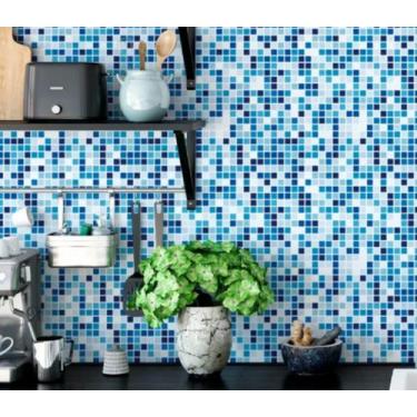 Imagem de Papel de Parede Pastilha Azul/Branco Cozinha Banheiro  l Autoadesivo P