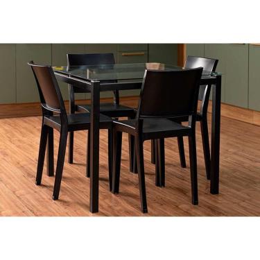 Imagem de Sala de Jantar Completa Reno c/ Tampo de Vidro 90x90cm e 4 Cadeiras Hydra Plus Preto - Kappesberg