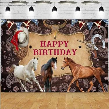 Imagem de Decoração de banner de festa de aniversário de cavalo com sela para celebração de um fundo estável do oeste selvagem para chá de bebê, suprimentos rústicos de festa rústica, 2,7 x 1,8 m