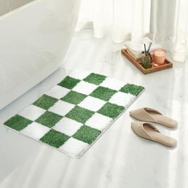 Imagem de Tititex Tapete de banheiro de luxo verde branco quadriculado, 40,6 cm x 61 cm clássico quadriculado tapete de banho de microfibra extra macio e absorvente, tapete de banho felpudo antiderrapante para
