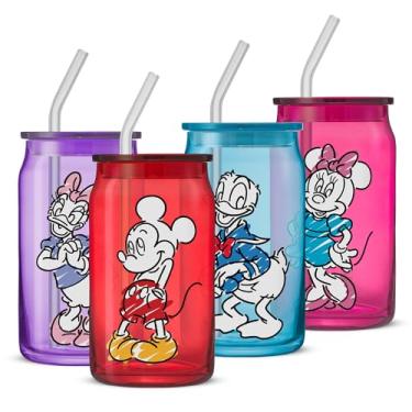 Imagem de JoyJolt Disney Copos de vidro coloridos do Mickey Mouse and Friends com tampas e canudos, copos de vidro de 473 ml com tampas e canudos, conjunto de 4 copos em forma de lata, presentes da Disney para
