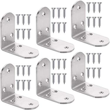 Imagem de YEWLACA 6 conjuntos de suporte de canto em L resistente de aço inoxidável 65 x 65 x 38 mm, junta de 90 graus, suporte em forma de L para prateleiras de parede de móveis de madeira