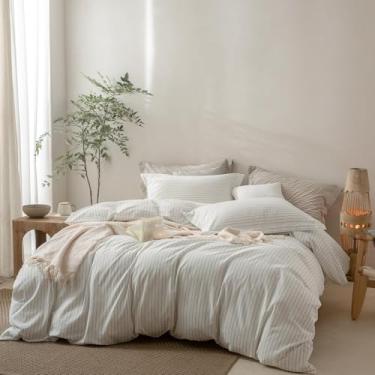 Imagem de BDEAR Capa de edredom de risca de risca tamanho Queen 228 x 228 cm, capa de edredom 100% algodão lavado com fecho de zíper e 2 fronhas, listras verde-sálvia branca