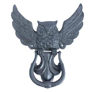 Imagem de Aldrava de porta de ferro fundido para decoração de parede luxuosa feita à mão com coruja rústica | Anel de puxar com alça azul bonita e exclusiva para decoração de quintal e jardim feito à mão