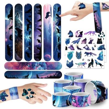 Imagem de Deorfuy Artigos de lembrancinhas de festa de lobo, 32 peças, pulseiras de tapa, 8 peças, tatuagens temporárias, decorações de chá de bebê de lobo e lua para crianças