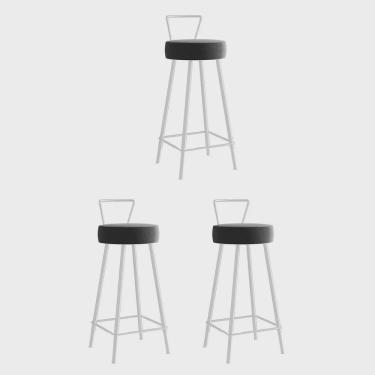 Imagem de Kit 03 Banqueta Alta Com Encosto Tais Eiffel Cozinha Bar Bistrô Ferro Branco Sintético Cinza - Ahazzo Móveis