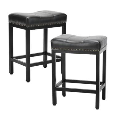 Imagem de NEWBULIG Conjunto de bancos de bar de couro PU de 5,60 cm, banquetas de barra de altura de balcão, banquetas de sela estofadas modernas de couro PU com apoios para os pés para ilha de cozinha, café,