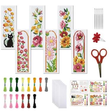 Imagem de FREEBLOSS Conjunto de 6 conjuntos de marcadores de página de ponto cruz, kit de ponto cruz estampado, conjunto de bordado de flores rosa com instruções para adultos 20 x 6 cm