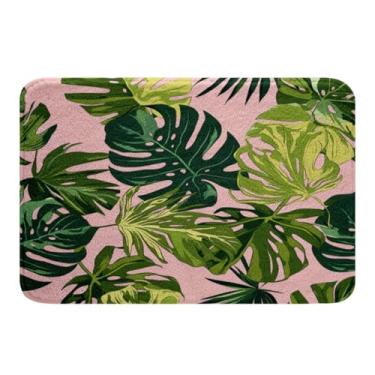 Imagem de Tapete de banheiro com folhas tropicais havaianas, antiderrapante, absorvente, tapete de banheiro para porta de banheiro, banheira, ultramacio, lavável na máquina, tapete de banheiro rosa e verde, para quarto, sala de estar, cozinha, 40,64 cm x 61 cm
