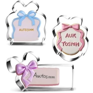 Imagem de Auktosmn Conjunto de cortador de biscoito de placa grande com laço - quadrado de 10 cm, oval, pode ser lavado na lava-louças - perfeito para chá de bebê, aniversário, casamento, formatura e biscoitos