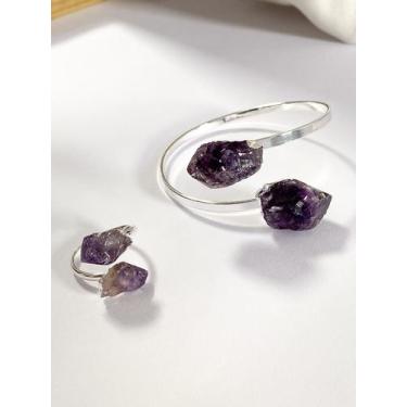 Imagem de Conjunto Bracelete e Anel Duas Pedras Com Ametista Natural - Ateliê FS