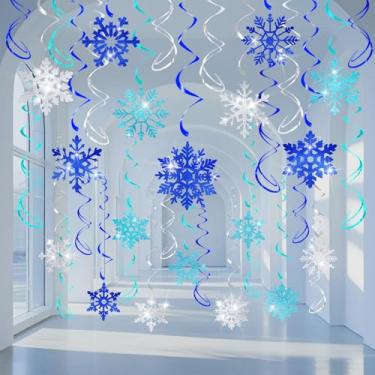 Imagem de 36 peças azul azul-petróleo prata glitter flocos de neve pendurados redemoinhos decoração de festa decoração de teto de natal festa de inverno ornamentos decorativos de floco de neve guirlanda para ano novo inverno feriado país das maravilhas tema congelado lembrancinhas de festa de aniversário supr