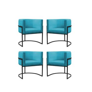 Imagem de Kit 4 Poltronas Reforçadas Decorativa Sala Carla Base Ferro Preta Suede Azul Tifany