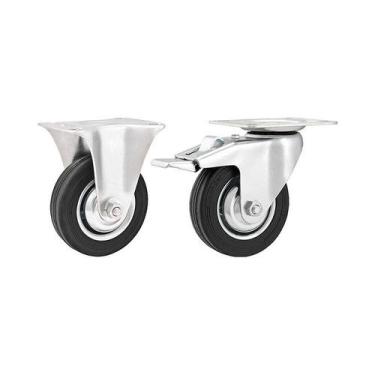 Imagem de Kit 2 un rodízio fixo giratório freio borracha preta 3" 40kg - VONDER