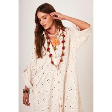 Imagem de Chemise Longa De Linho Com Bordados Bege Yacamim M2-Feminino