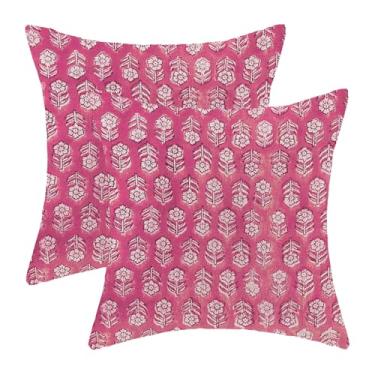 Imagem de AEIOAE Conjunto de 2 capas de almofada rosa choque 40,6 x 40,6 cm, capa de almofada floral vintage boêmia, floral, floral, rústica, primavera, verão, decoração de casa de fazenda, para sofá, sofá