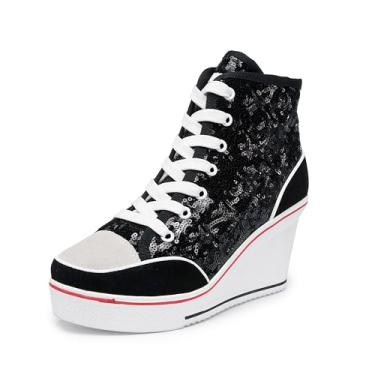 Imagem de Sapatos femininos de lona de salto alto, sapatos casuais, modernos, brilhantes, para caminhada, plataforma, sapatos de salto alto, 03 preto, 34 BR