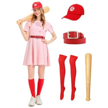 Imagem de Digfar Fantasia de beisebol feminina, conjunto de uniforme de beisebol com chapéu, meias infláveis, taco de beisebol para o Dia das Bruxas