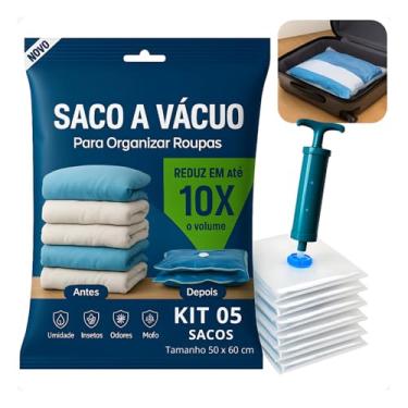 Imagem de Kit Com 5 Sacos à Vácuo 50x60 cm com Bomba Manual, Sacos Para Malas de Viagem, Resistente, Compacto, Reutilizável, Anti-Furo, Organização de Roupas, Viagens, Malas e Edredom, Reduz Volume