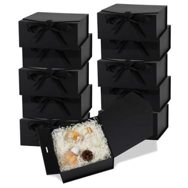 Imagem de OEMVALATY Pacote com 10 caixas de presente, caixa de presente de 24 x 15 x 7 cm com tampa magnética e fita, caixa de presente de dama de honra para casamento, armazenamento, presente (preto)