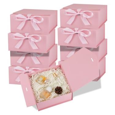 Imagem de OEMVALATY Pacote com 8 caixas de presente, caixa de presente de 25 x 19 x 8 cm com tampa magnética e fita, caixa de presente de dama de honra para casamento, armazenamento, presente (rosa)