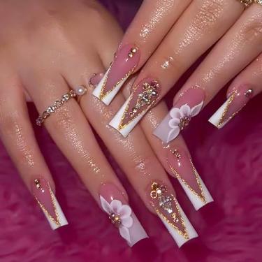 Imagem de RTKHFZE Pregos postiços quadrados longos com glitter dourado em forma de V, flores brancas francesas e desenhos de strass tridimensionais, unhas de acrílico brilhantes e cobertura completa para