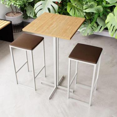 Imagem de Conjunto Mesa Alta Bar Bistrô Quadrada Pinus 2 Bancos Estofado Industr