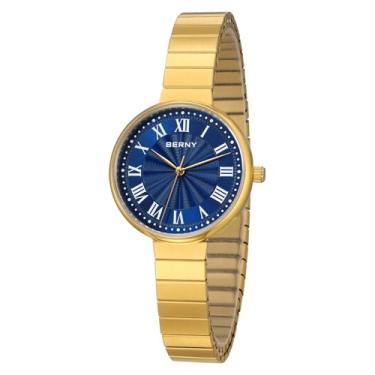 Imagem de BERNY Relógios dourados vintage para mulheres, relógio de pulso feminino delicado, relógios analógicos femininos de quartzo com aço inoxidável, pulseira de expansão patenteada 3ATM, índices romanos