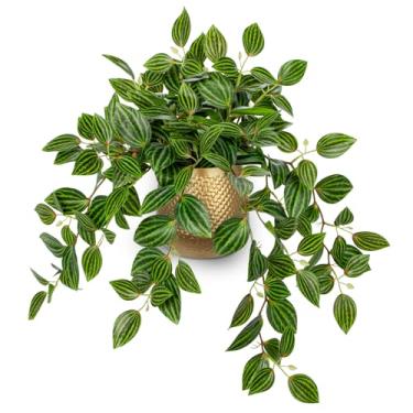 Imagem de Briful Plantas falsas para ambientes internos de 45 cm Peperomia de melancia em vaso dourado com folhas verdes de seda realistas, planta artificial em vaso para casa, escritório, mesa, prateleira