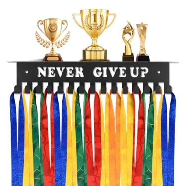 Imagem de QENWKXZ Gancho para exibição de medalhas, nunca desista com 15 ganchos, prateleira de troféu de metal para paredes, exibição de medalhas de corrida para ginástica, corrida, futebol, natação