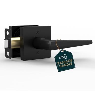 Imagem de Maçaneta de porta de passagem para armário e corredor – Maçanetas modernas finas em formato quadrado sem recurso de bloqueio – Maçaneta totalmente reversível para portas de mão esquerda ou direita – Acabamento preto fosco