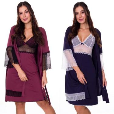 Imagem de KIT 2 Camisolas Amamentação com Robe Maternidade Gestante Pós Parto Es