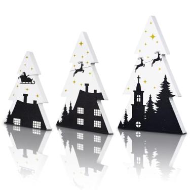 Imagem de 3 peças de decoração de mesa de árvores de Natal de madeira, preto e branco, bandeja de Natal em camadas, decoração rústica, placas de mesa de árvore de Natal para casa, escritório, centro de mesa
