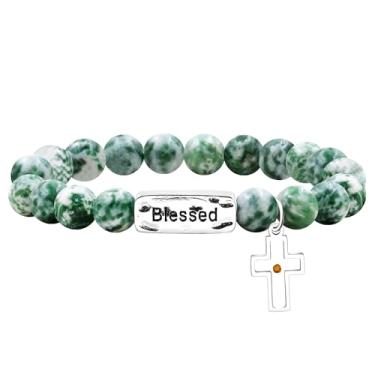 Imagem de JunyiDIY Pulseira elástica unissex, pulseira de pedras com contas de 8 mm, pulseira com pingente de semente de mostarda cruz, ajuda a eliminar a dor e o medo, restaurar sua energia, joia de presente