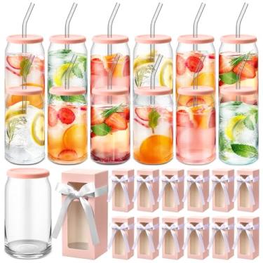 Imagem de Yetene 12 conjuntos de copos de vidro com tampas de silicone, canudos e escovas de 473 ml, copos de cerveja em forma de lata, copo fofo com caixa de presente semitransparente, fita para amigos,