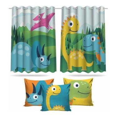 Imagem de Kit Cortina Infantil Dinossauro Cute + 3 Capas Almofadas - DECORANDO E
