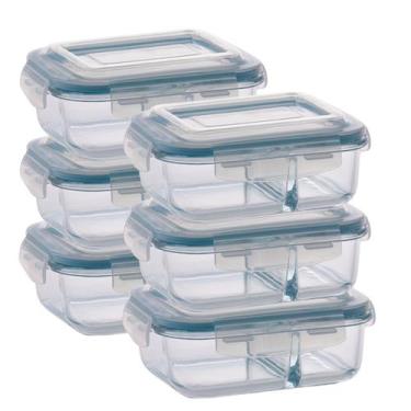 Imagem de Kit 6 Pote de Vidro Hermético Com Divisoria 640ml Marmita - PRATICASA