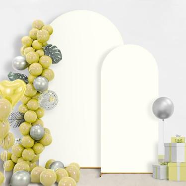 Imagem de GOJAWAY Conjunto de 3 capas de arco de casamento bege de 1,8 m / 2 m, capas de suporte de arco de casamento de elastano para topo redondo Chiara Arch Back, suporte para decoração de festa de