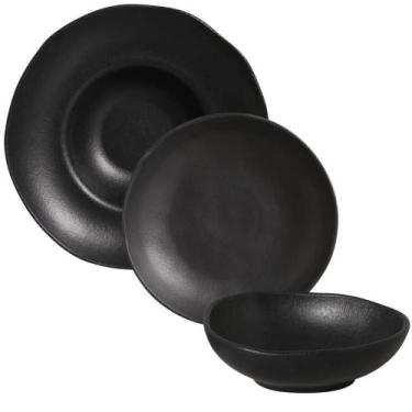 Imagem de Jogo 3 Peças Prato Fundo de Massa Cumbuca Orgânico Cerâmica Preto Matt