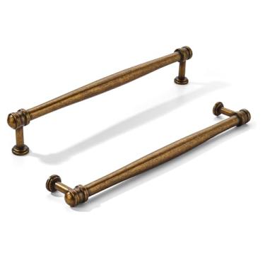 Imagem de khtumeware Pacote com 2 puxadores de armário de latão antigo com orifício central de 8 polegadas (203 mm), alça sólida para armário de cozinha resistente, ferragens de armário para penteadeira